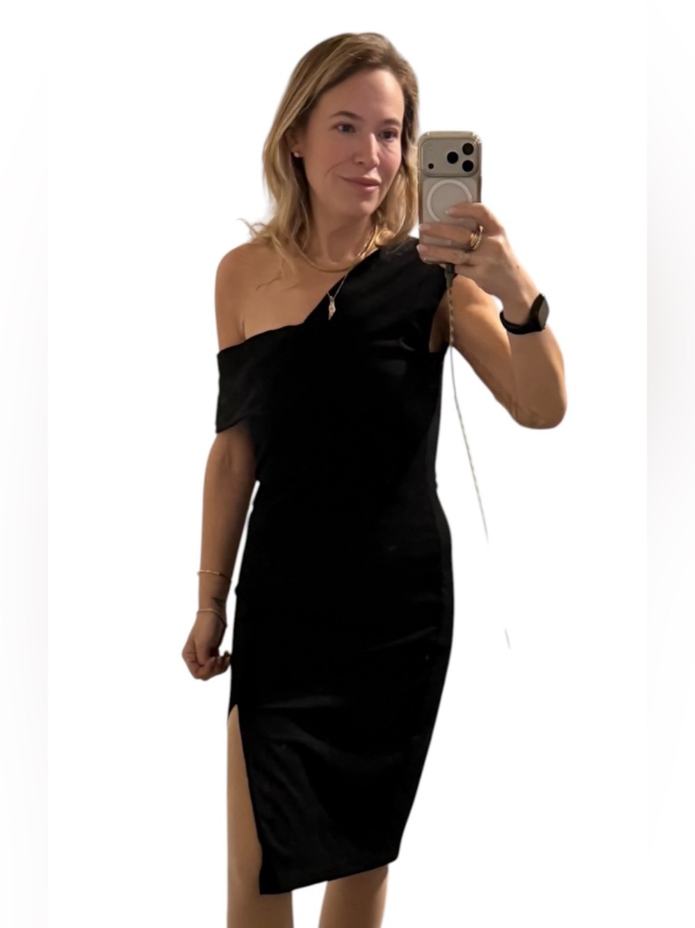 Michelle Mason‎ One (Off The) Shoulder Black Midi Dress with Side Slit Sz S EUC